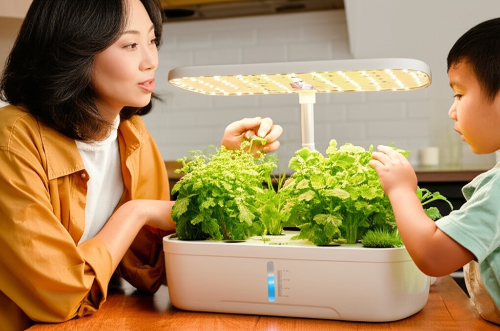 子供と野菜を観察